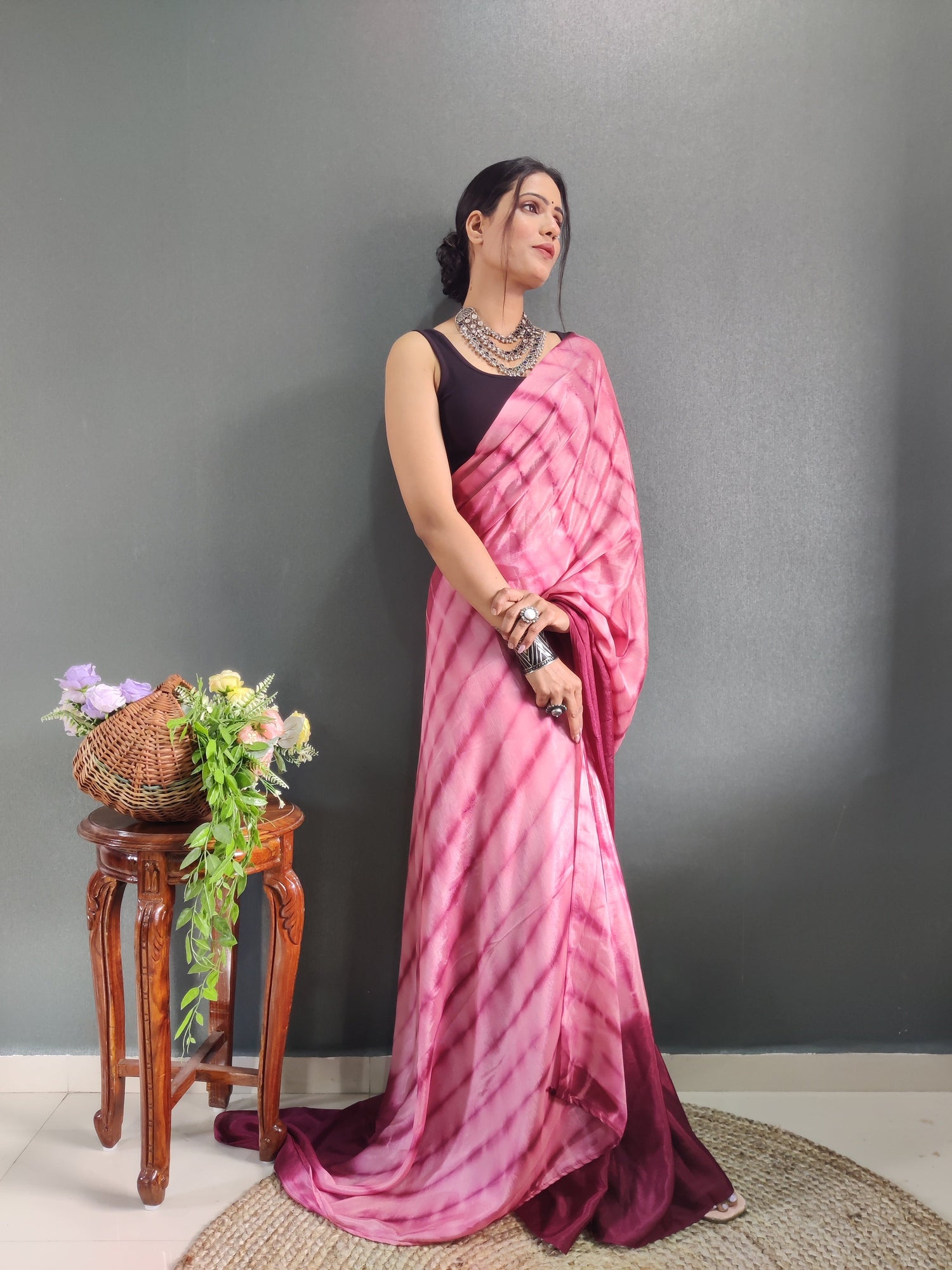 1 MIN Ready To Wear Sibori Border Maroon Shade Saree