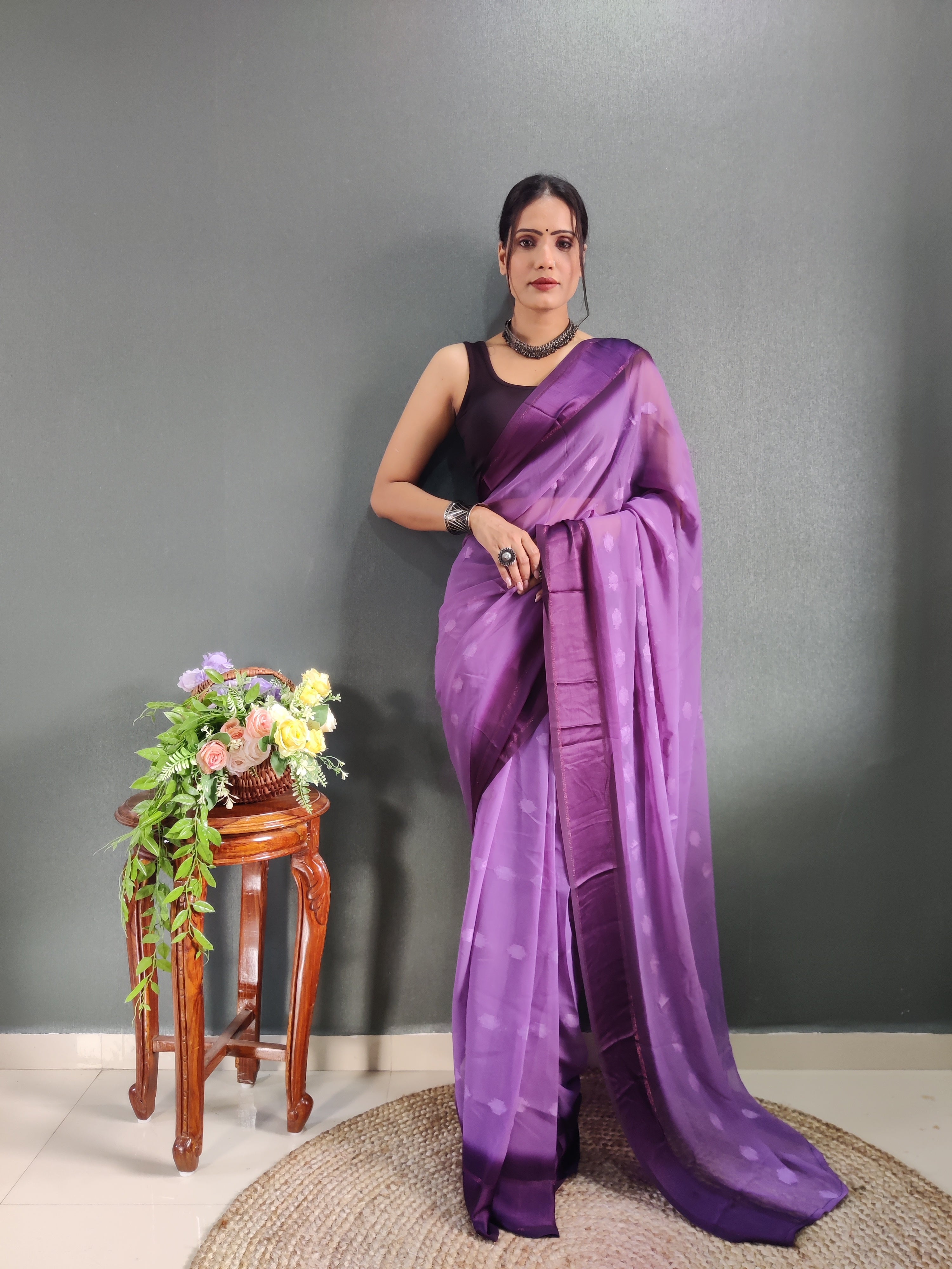 1 MIN Ready To Wear Purple Yamuna Saree