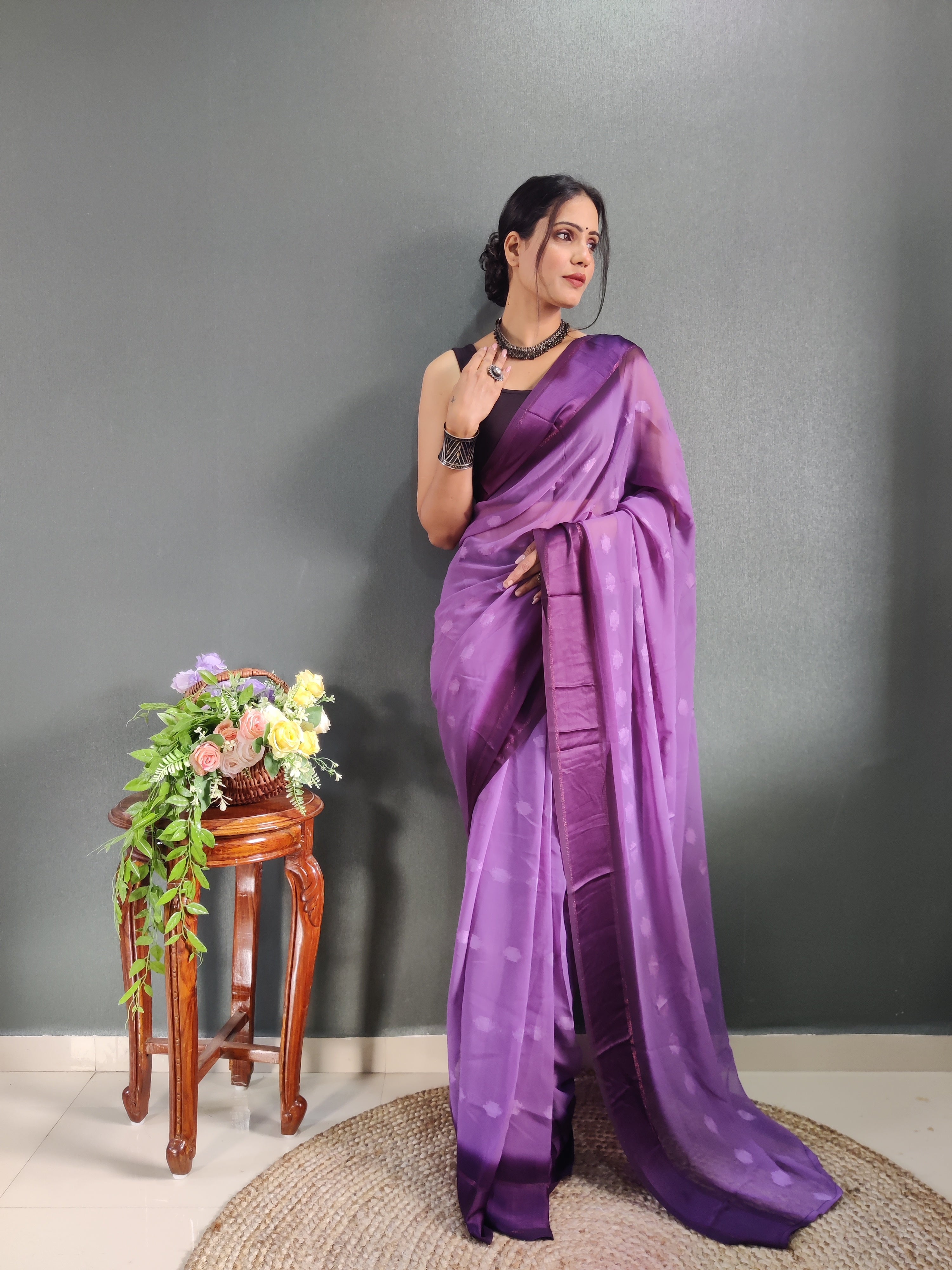 1 MIN Ready To Wear Purple Yamuna Saree