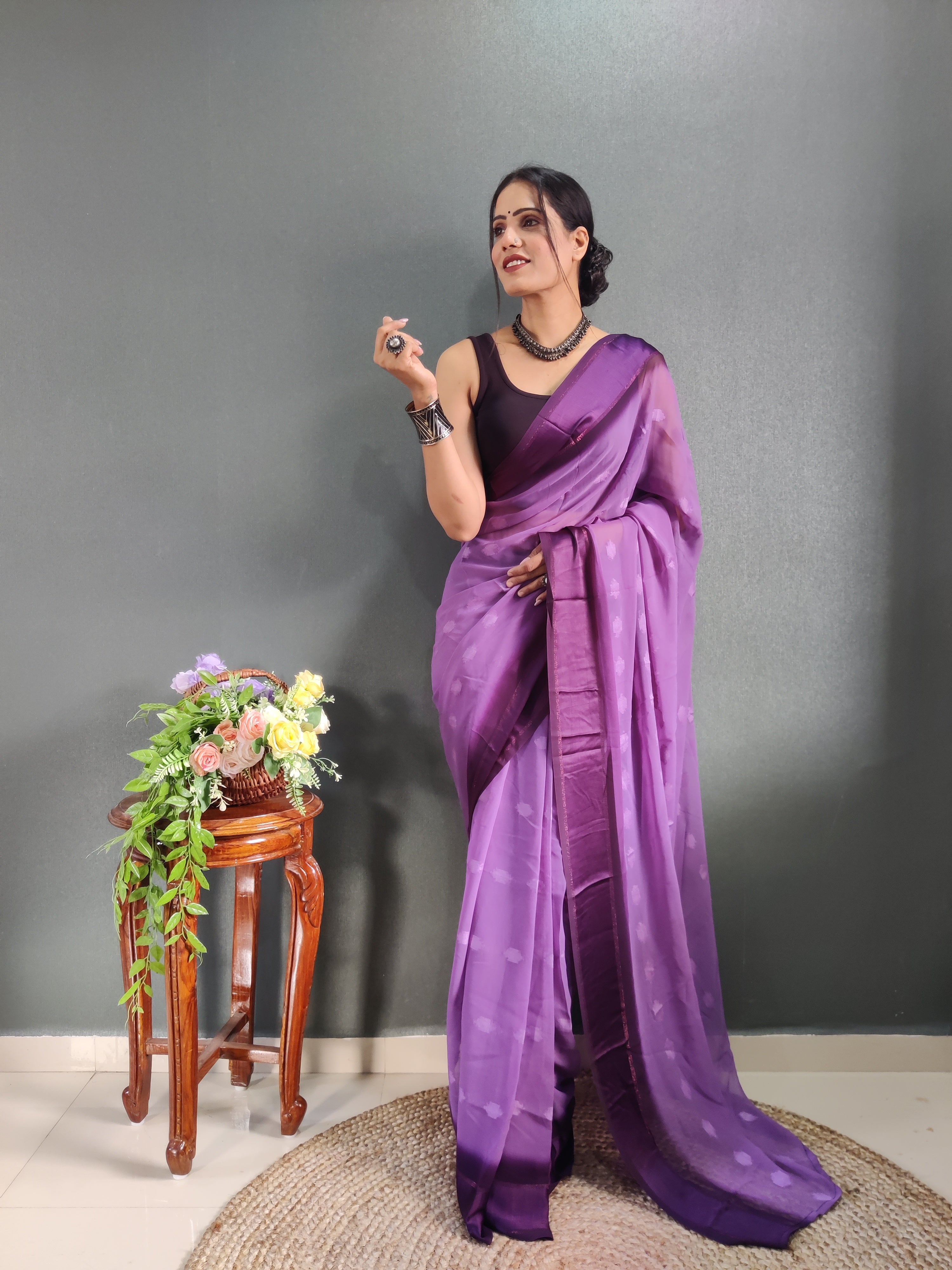 1 MIN Ready To Wear Purple Yamuna Saree