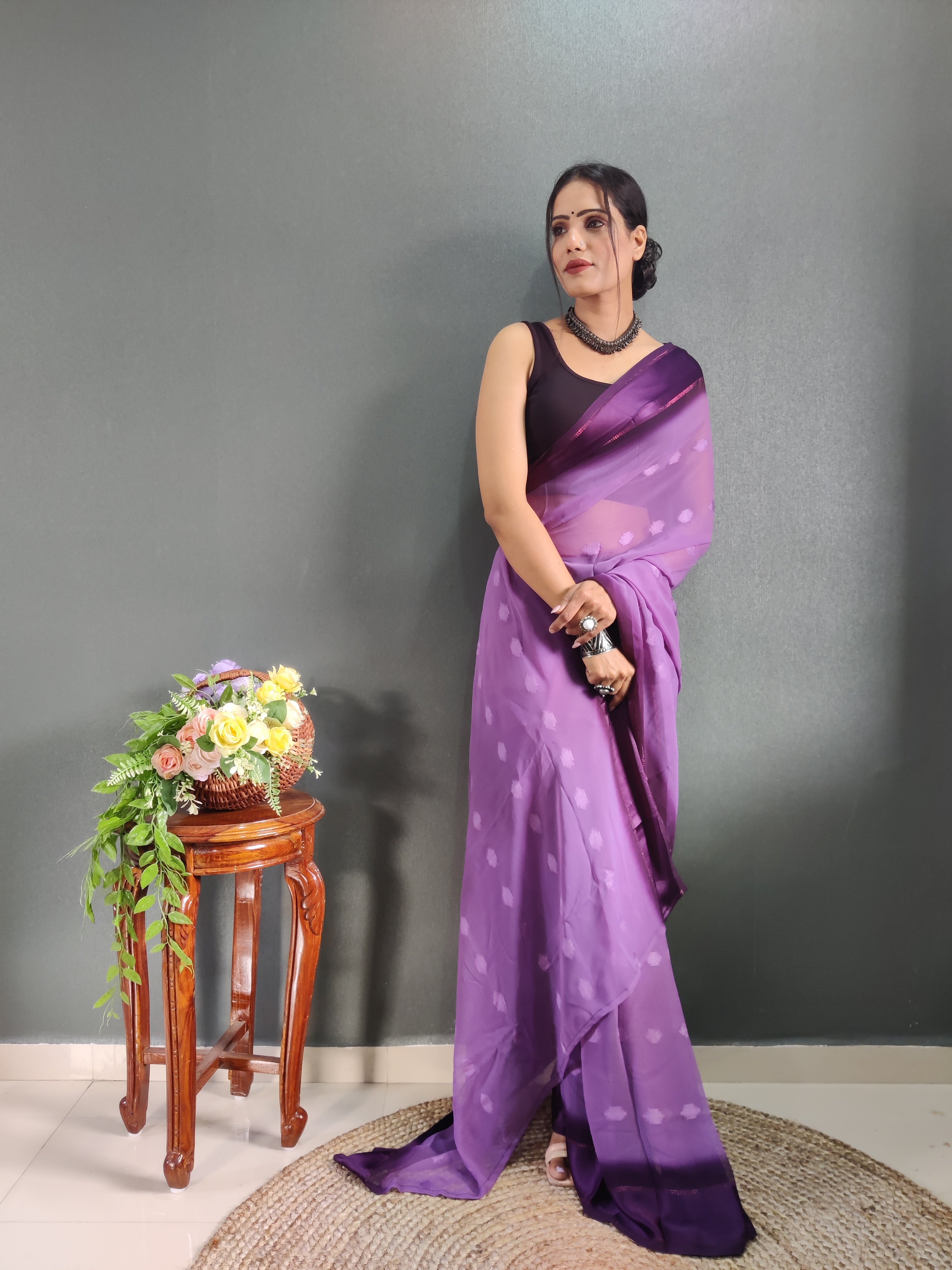 1 MIN Ready To Wear Purple Yamuna Saree