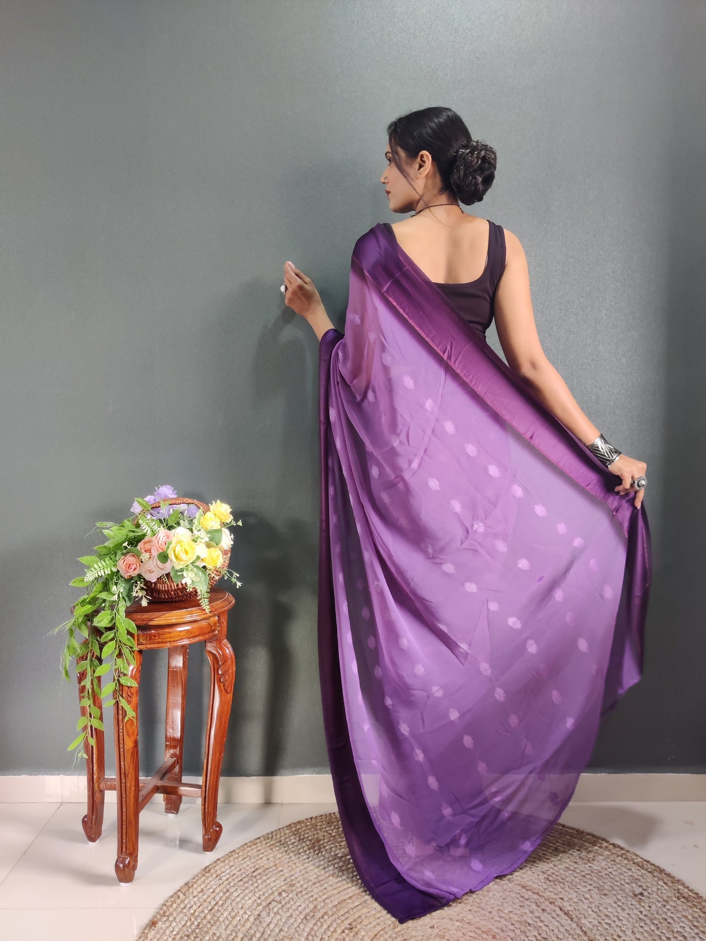 1 MIN Ready To Wear Purple Yamuna Saree