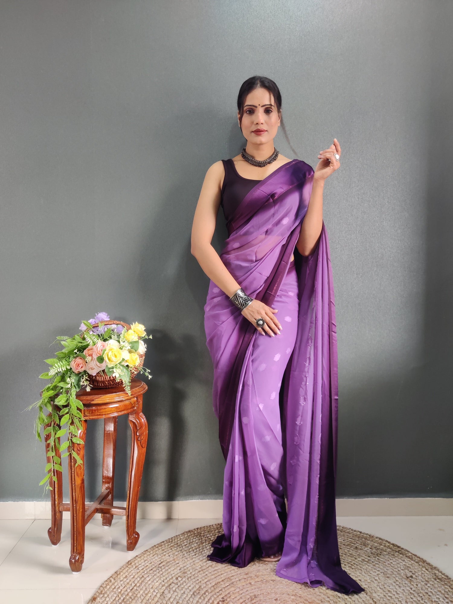 1 MIN Ready To Wear Purple Yamuna Saree