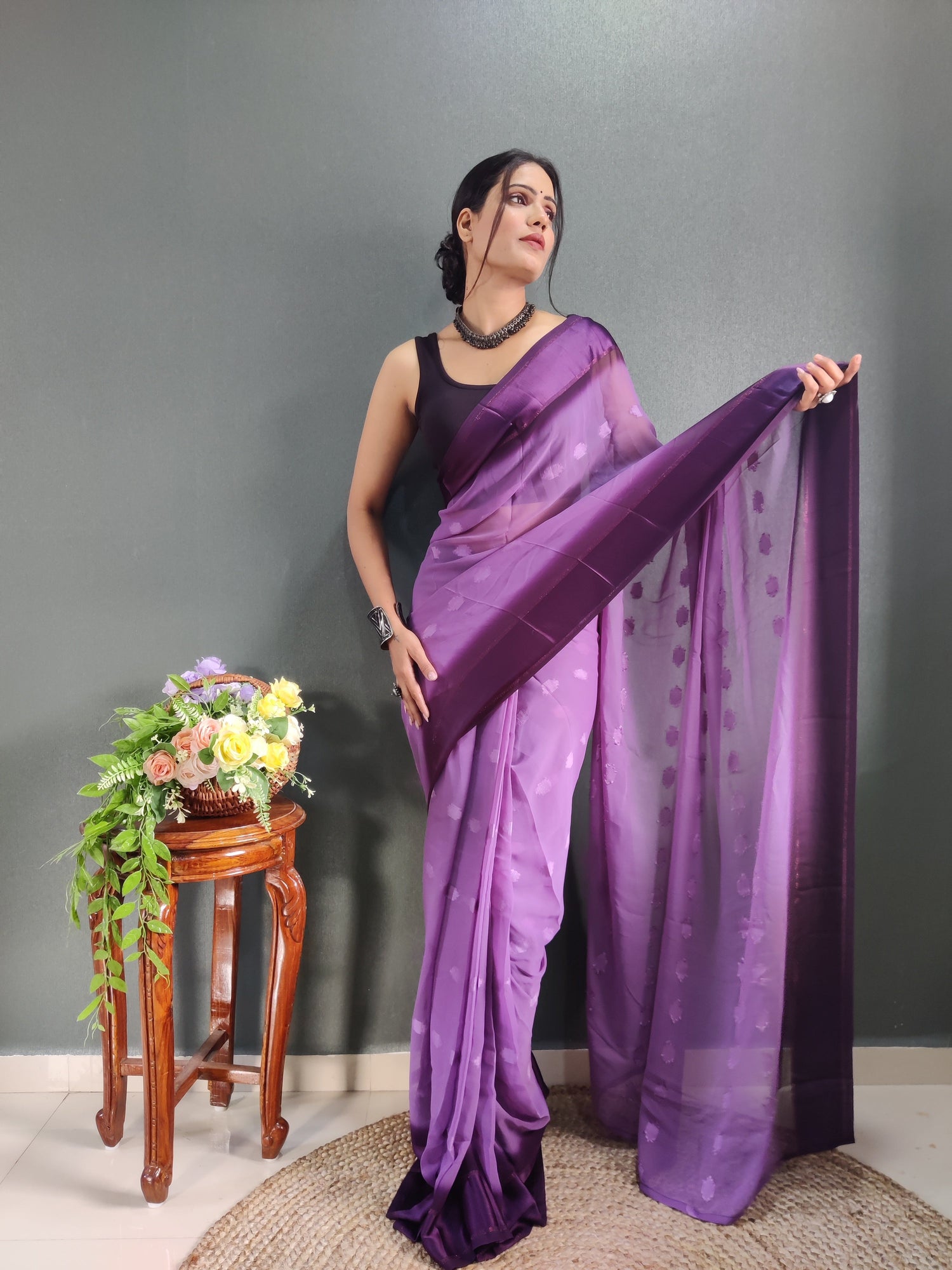 1 MIN Ready To Wear Purple Yamuna Saree