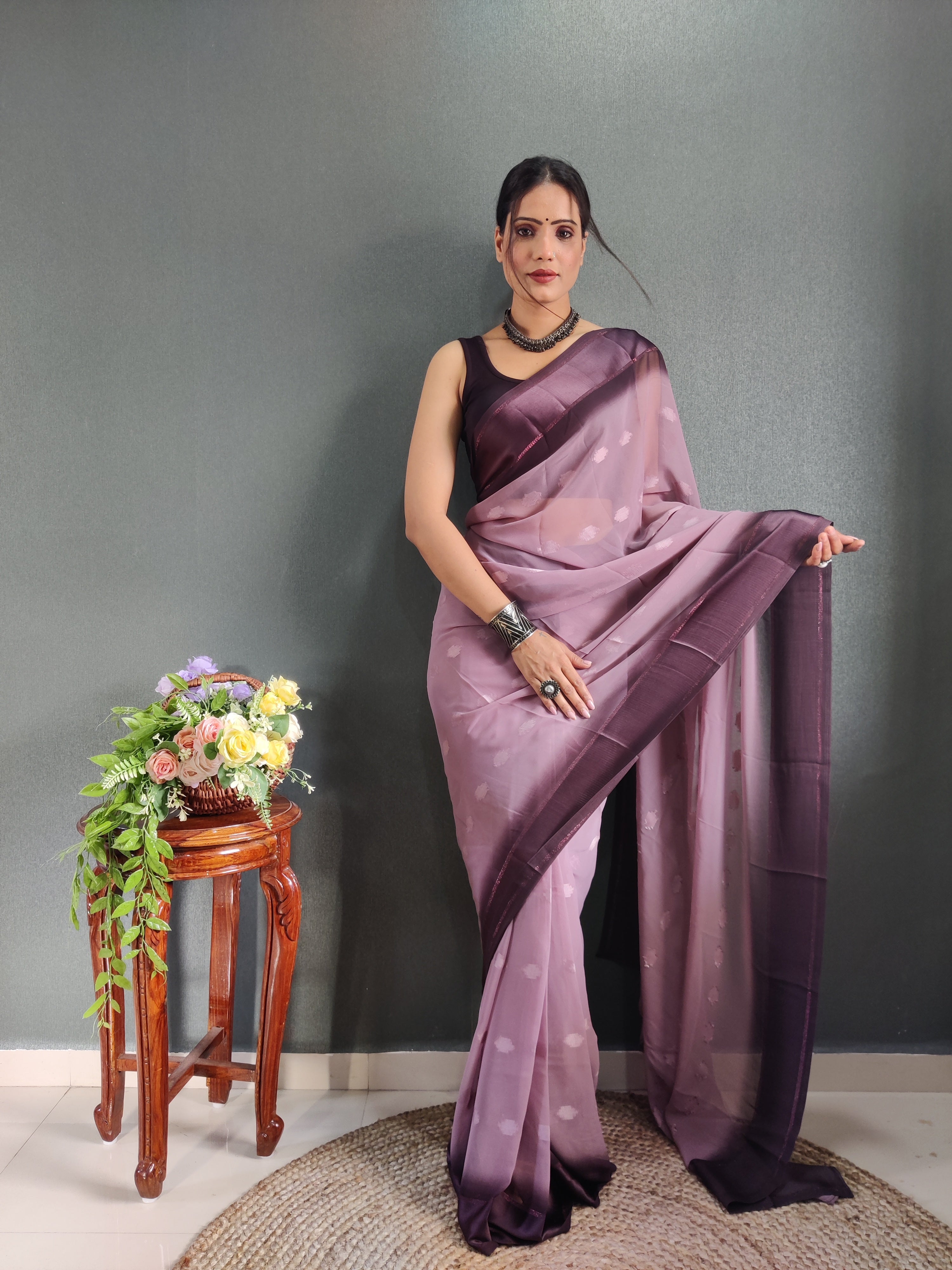 1 MIN Ready To Wear Dusky Purple Yamuna Saree