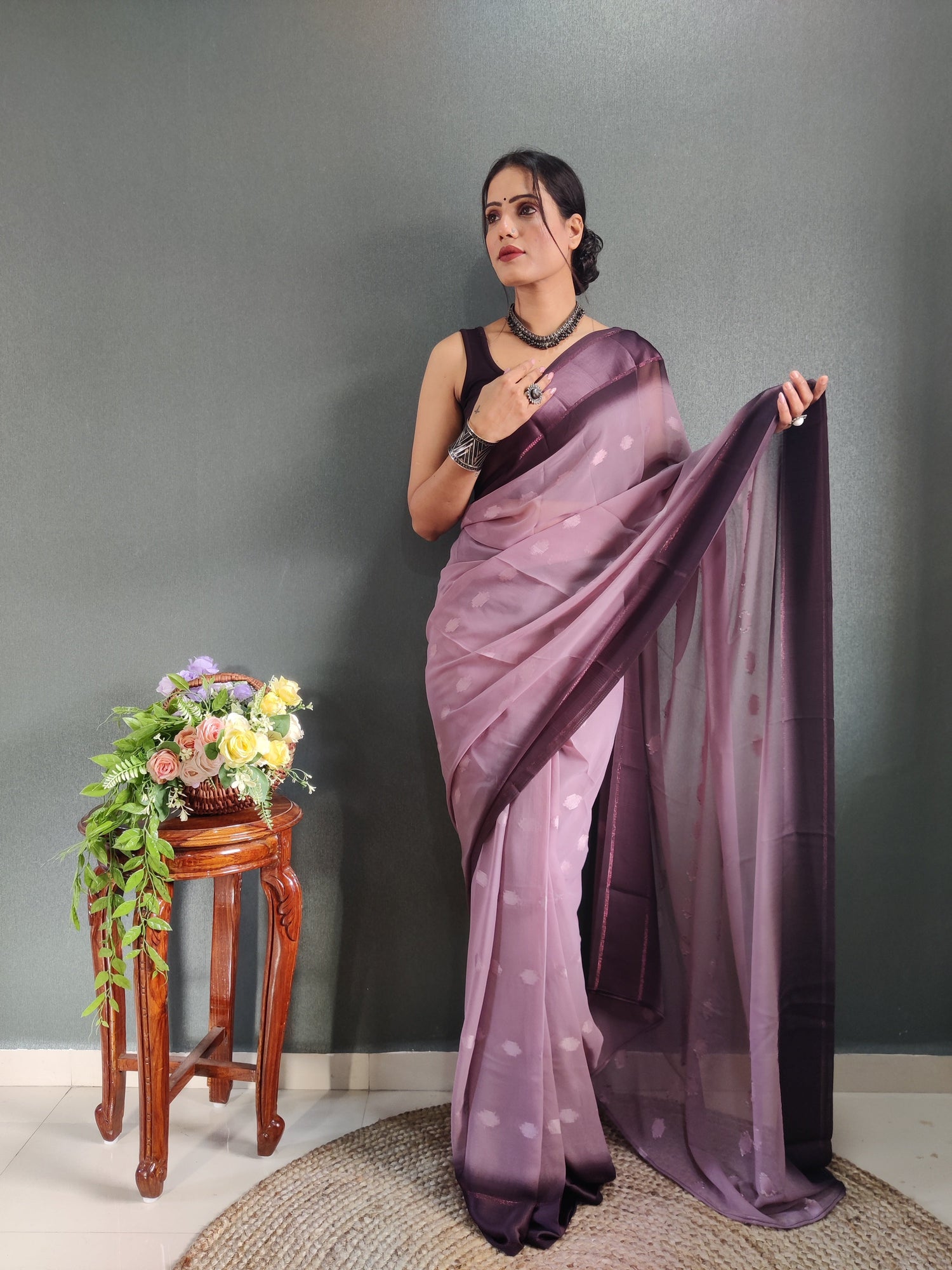 1 MIN Ready To Wear Dusky Purple Yamuna Saree