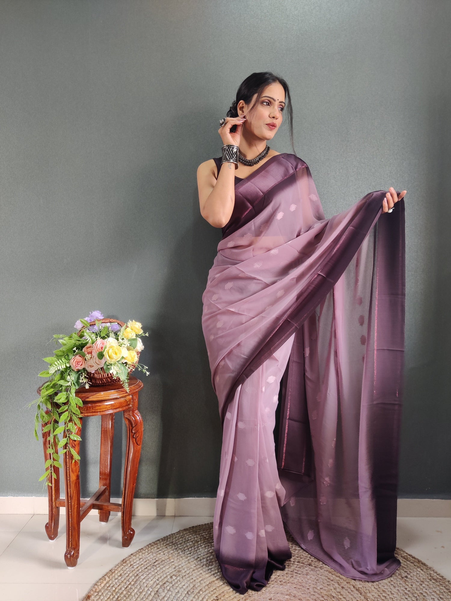 1 MIN Ready To Wear Dusky Purple Yamuna Saree