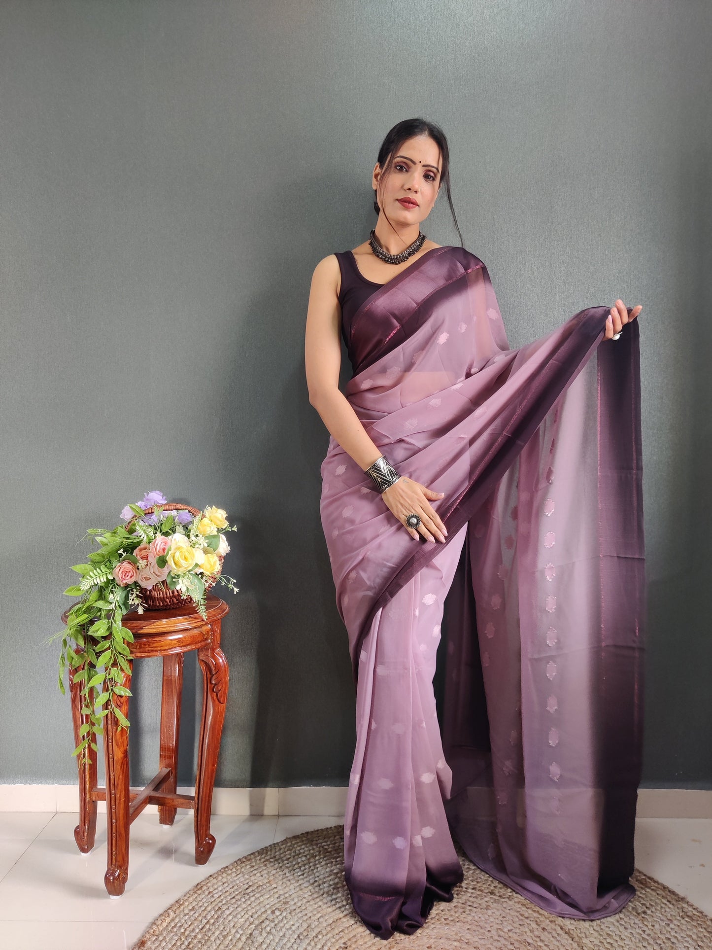 1 MIN Ready To Wear Dusky Purple Yamuna Saree