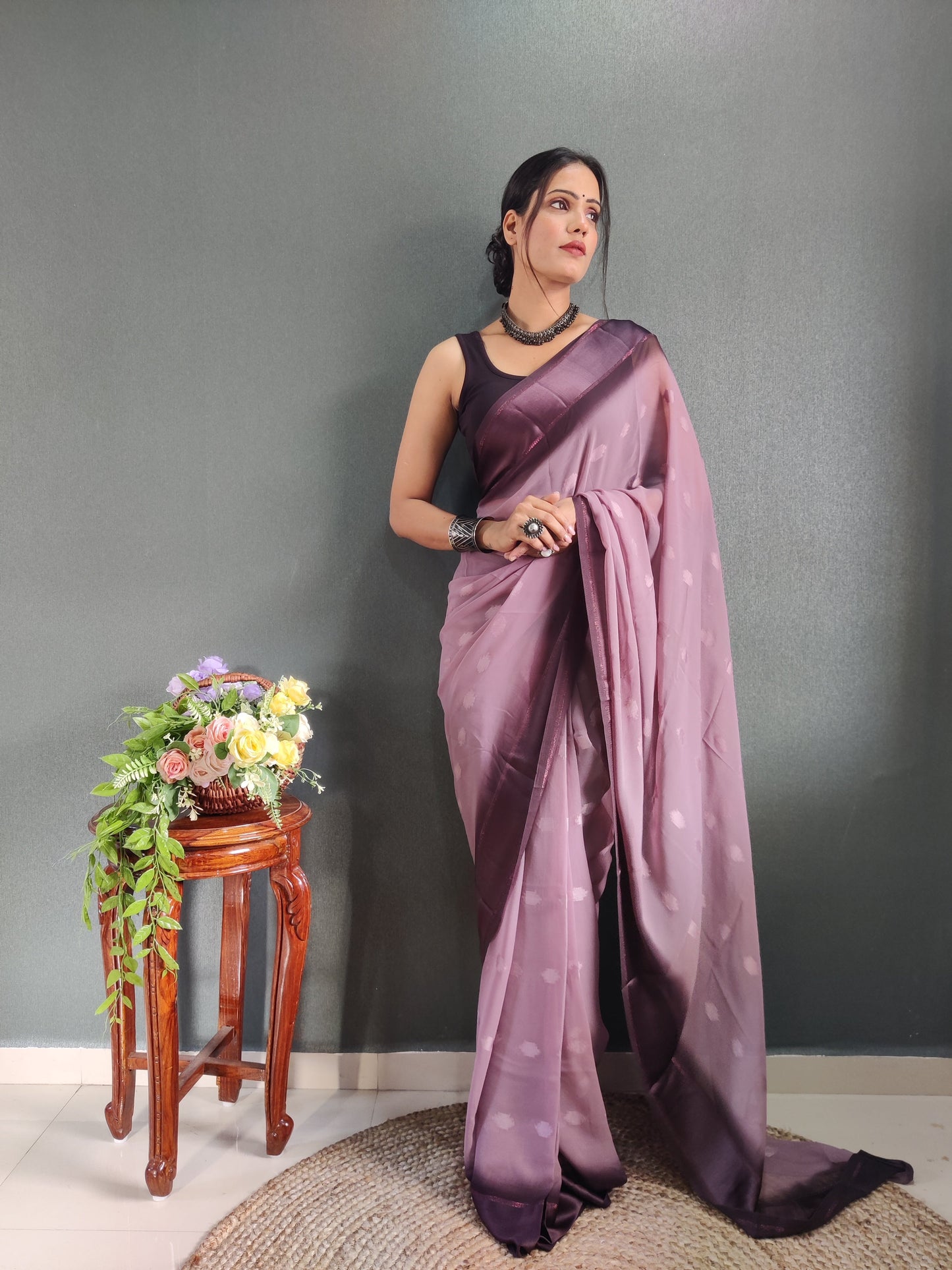 1 MIN Ready To Wear Dusky Purple Yamuna Saree