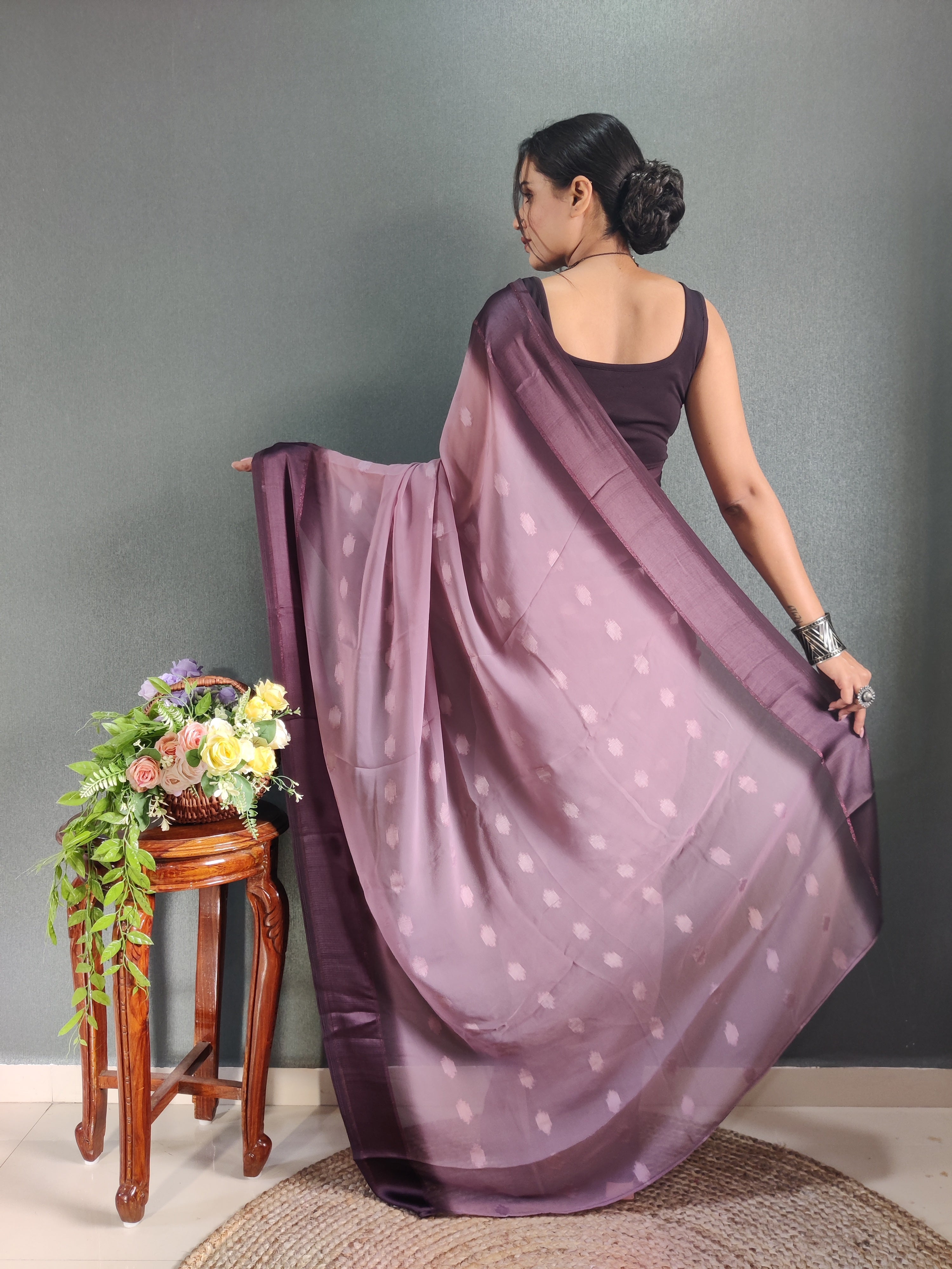 1 MIN Ready To Wear Dusky Purple Yamuna Saree