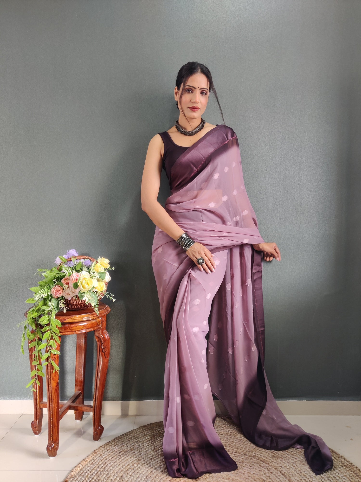 1 MIN Ready To Wear Dusky Purple Yamuna Saree