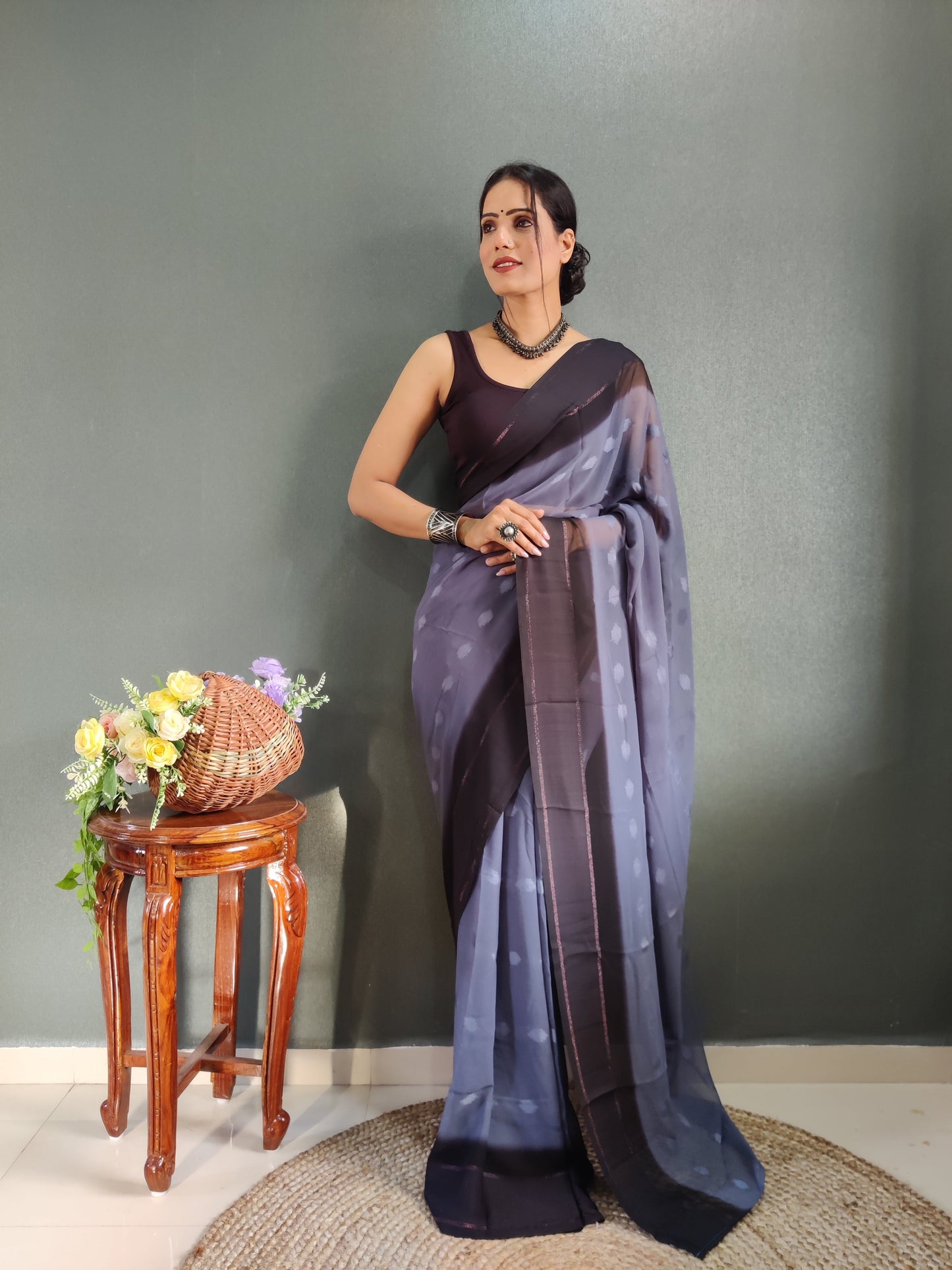 1 MIN Ready To Wear Bluish Grey Yamuna Saree