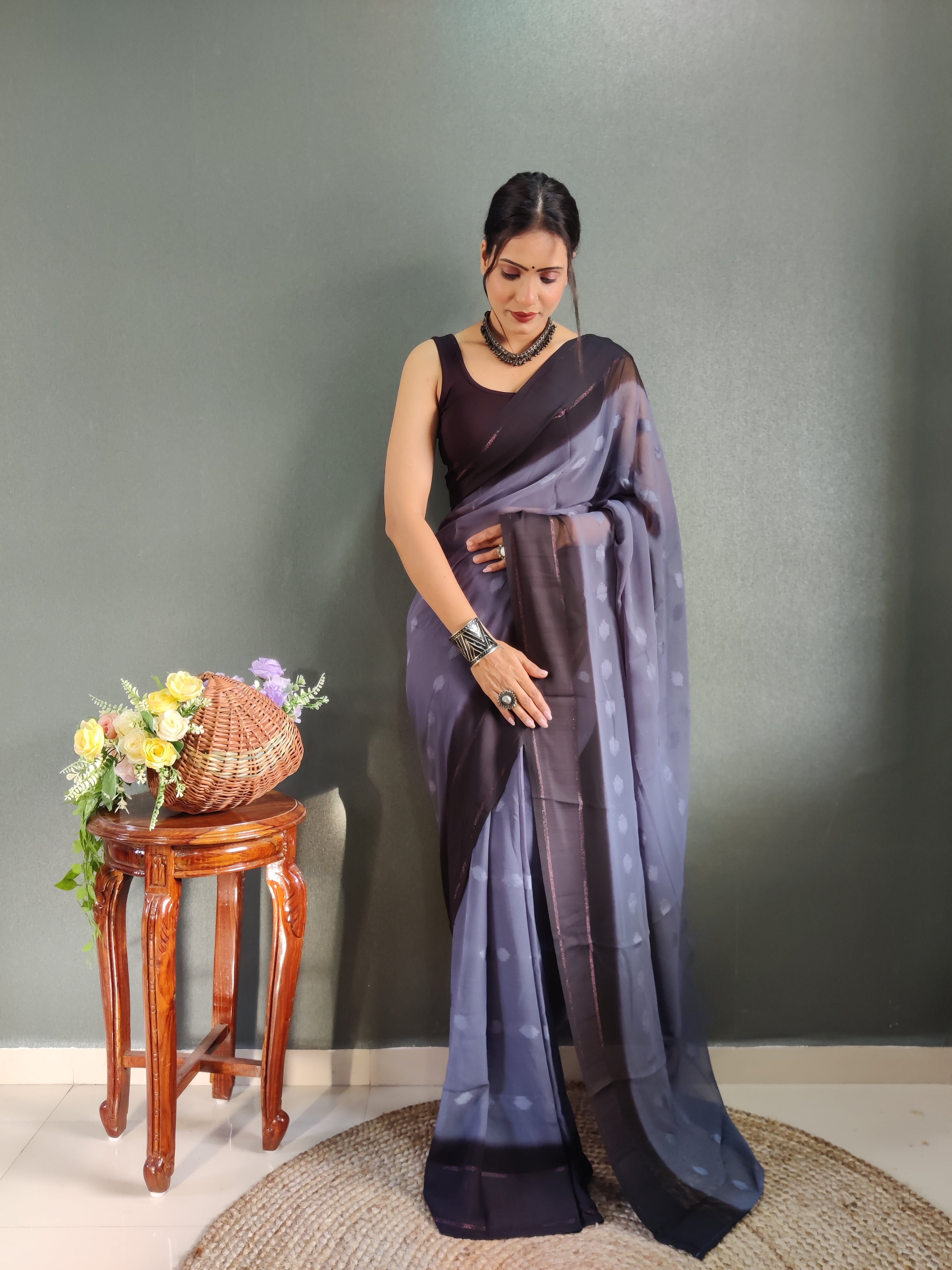 1 MIN Ready To Wear Bluish Grey Yamuna Saree