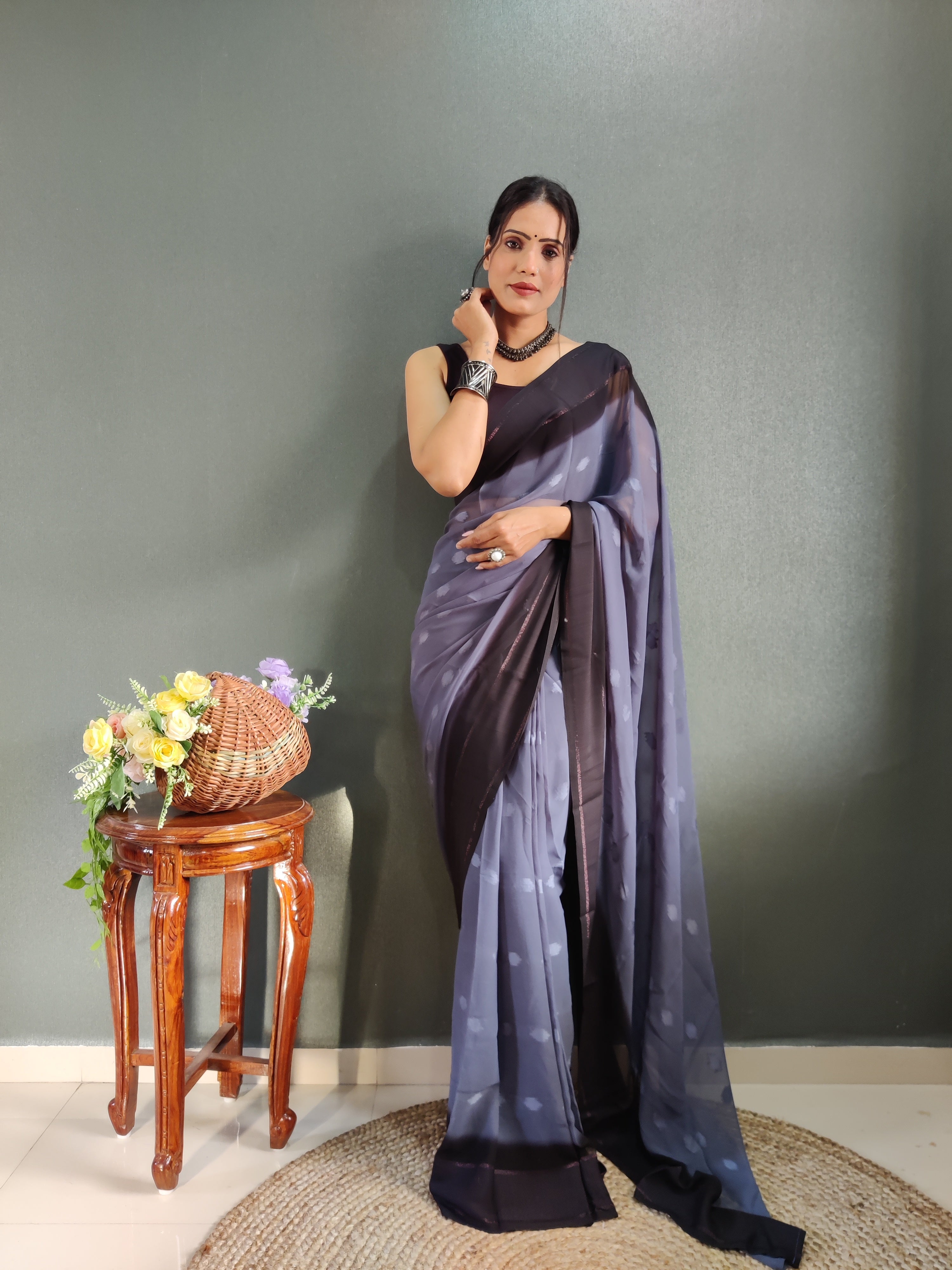 1 MIN Ready To Wear Bluish Grey Yamuna Saree