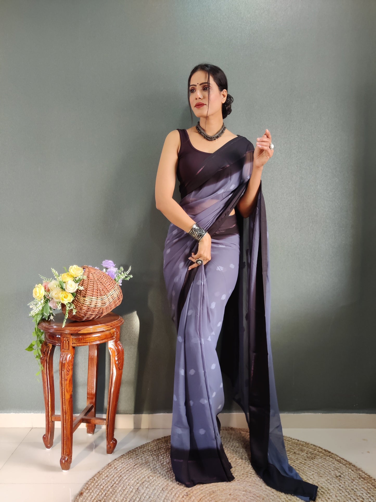 1 MIN Ready To Wear Bluish Grey Yamuna Saree