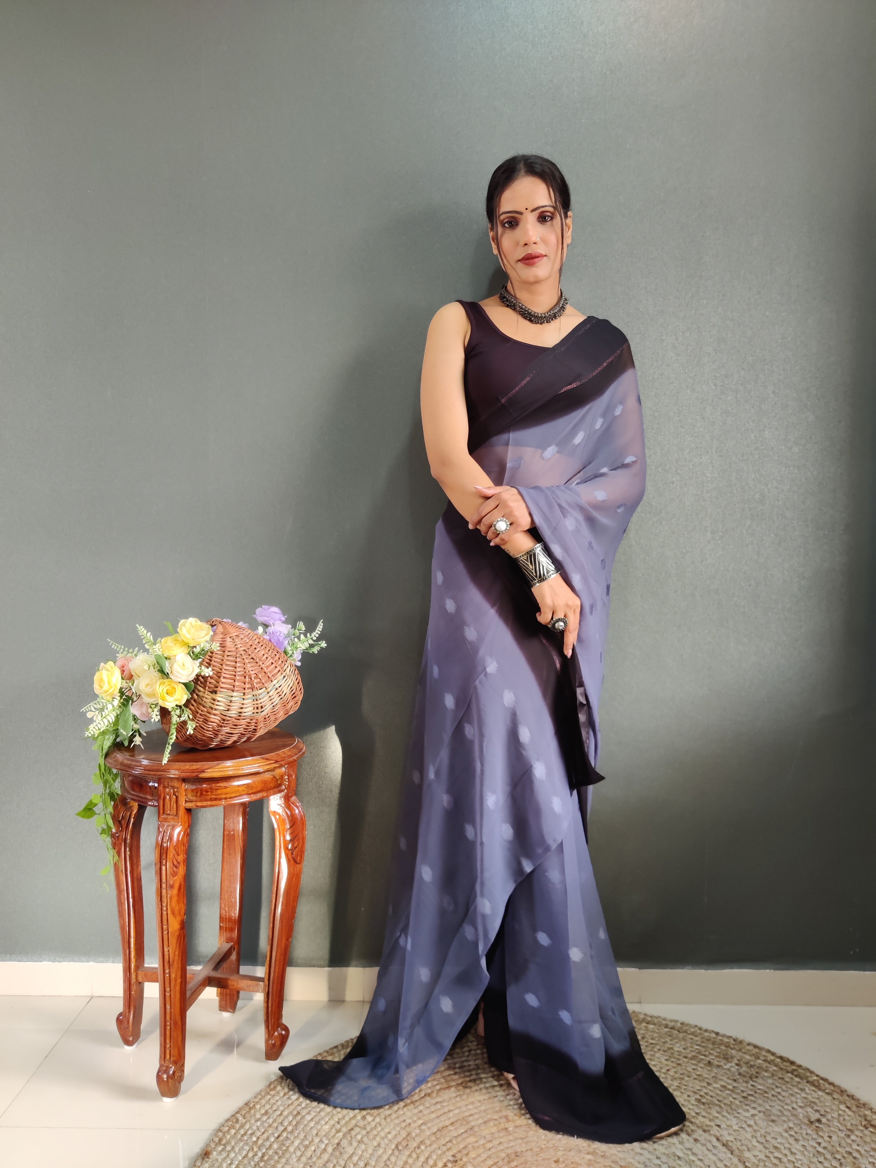 1 MIN Ready To Wear Bluish Grey Yamuna Saree