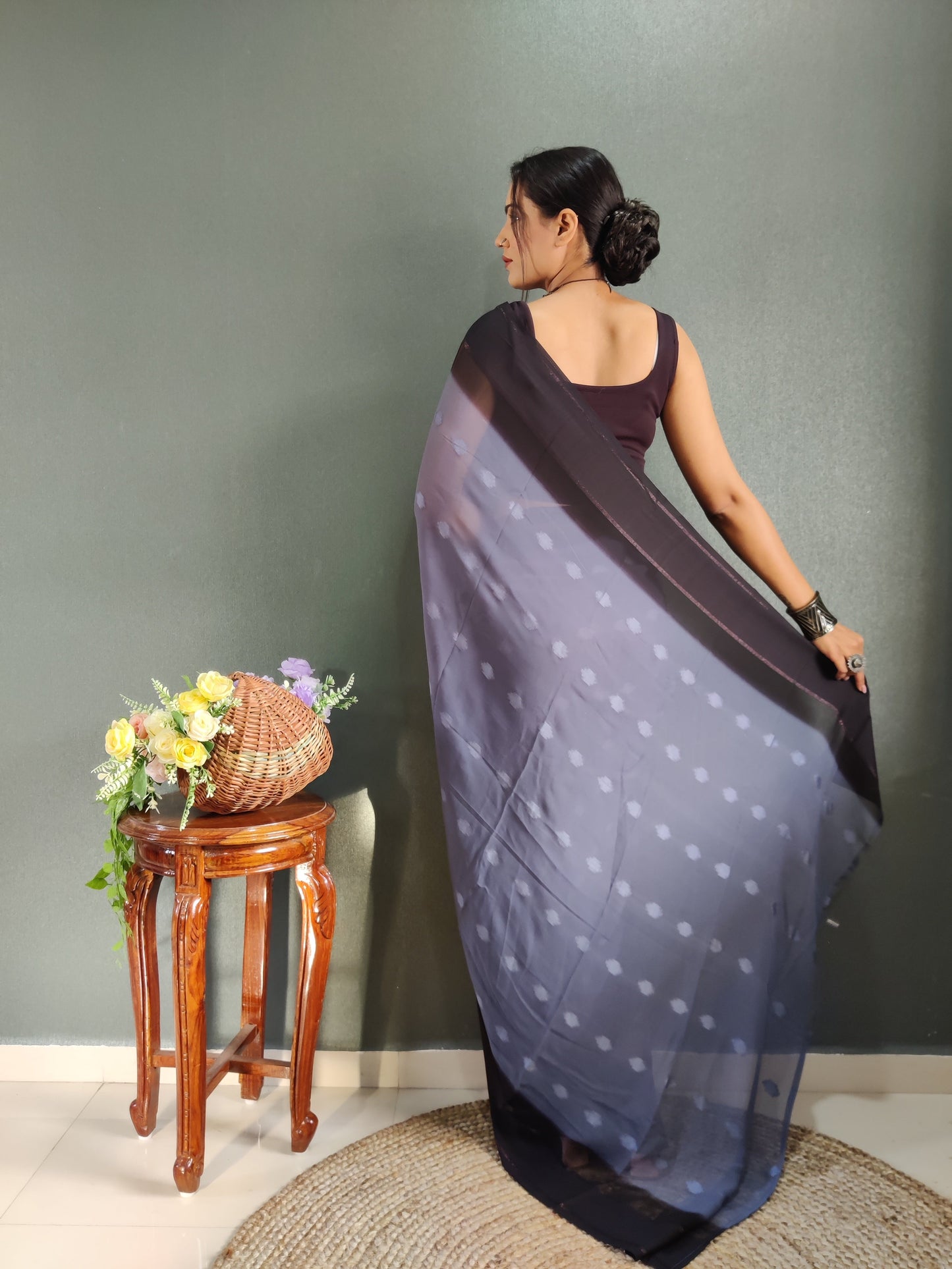 1 MIN Ready To Wear Bluish Grey Yamuna Saree