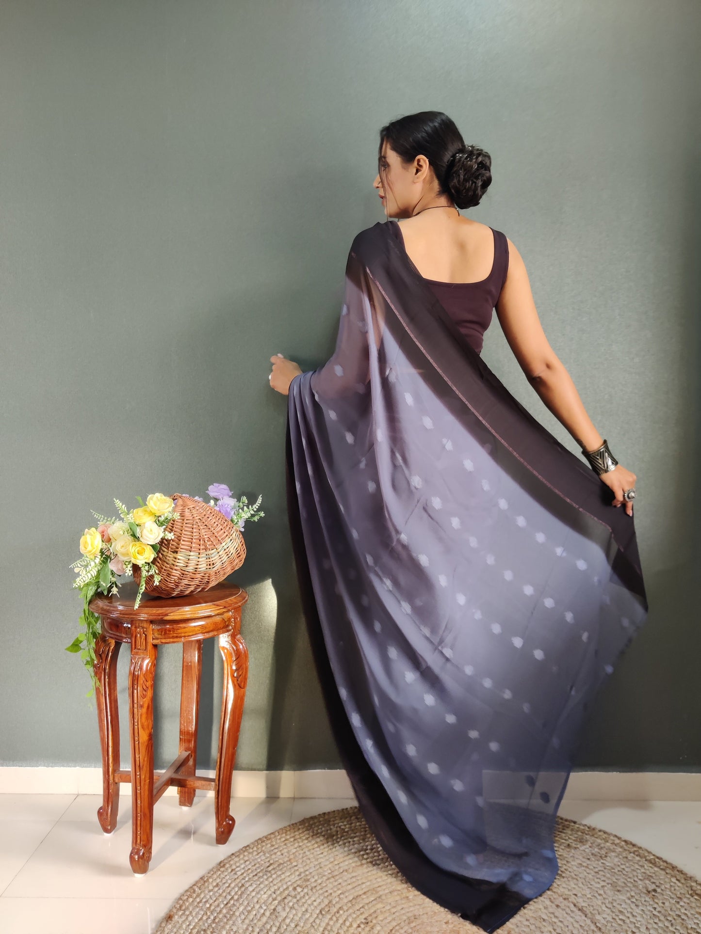 1 MIN Ready To Wear Bluish Grey Yamuna Saree