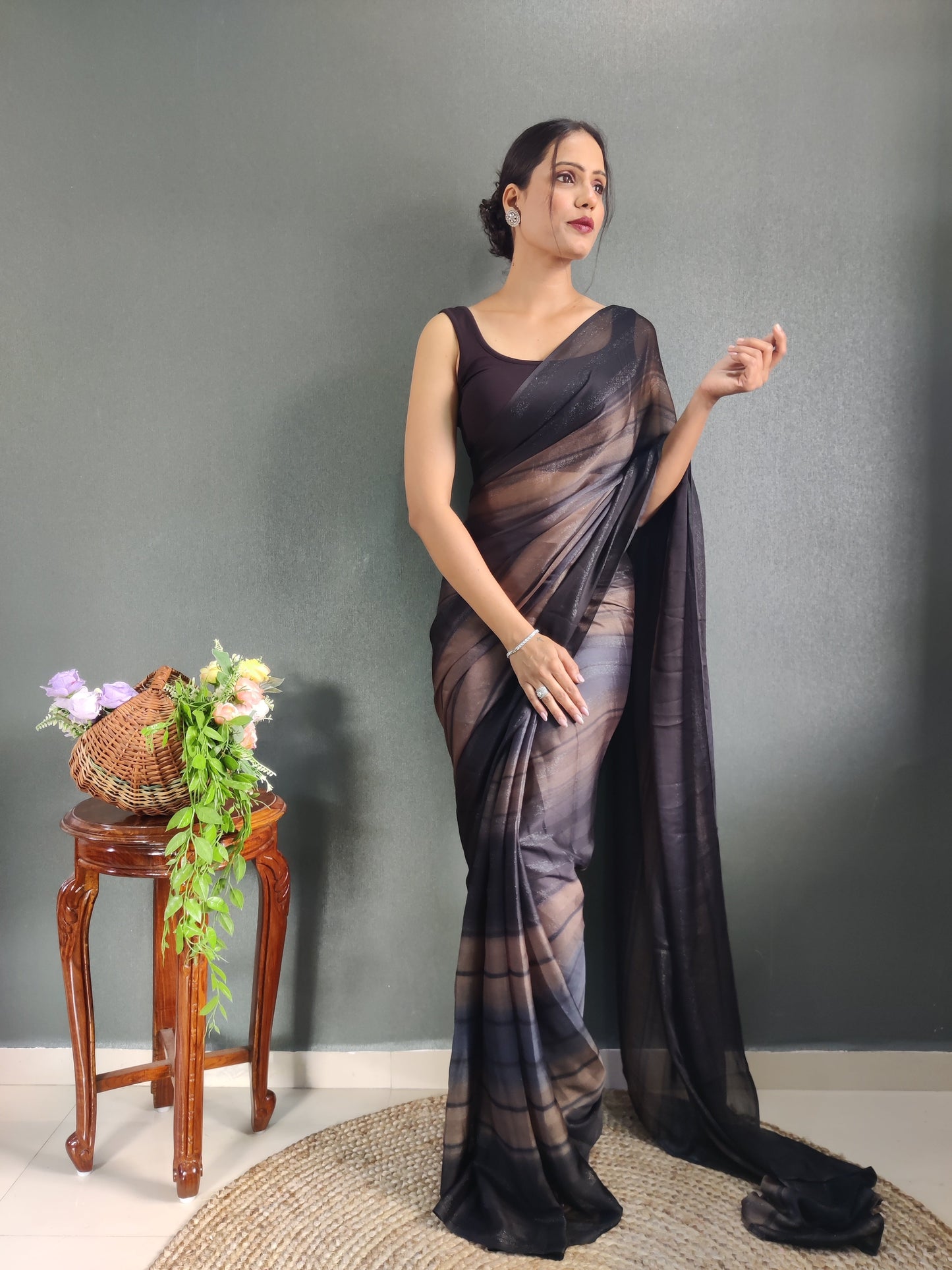 1 MIN Ready To Wear Black Shade Heer Saree