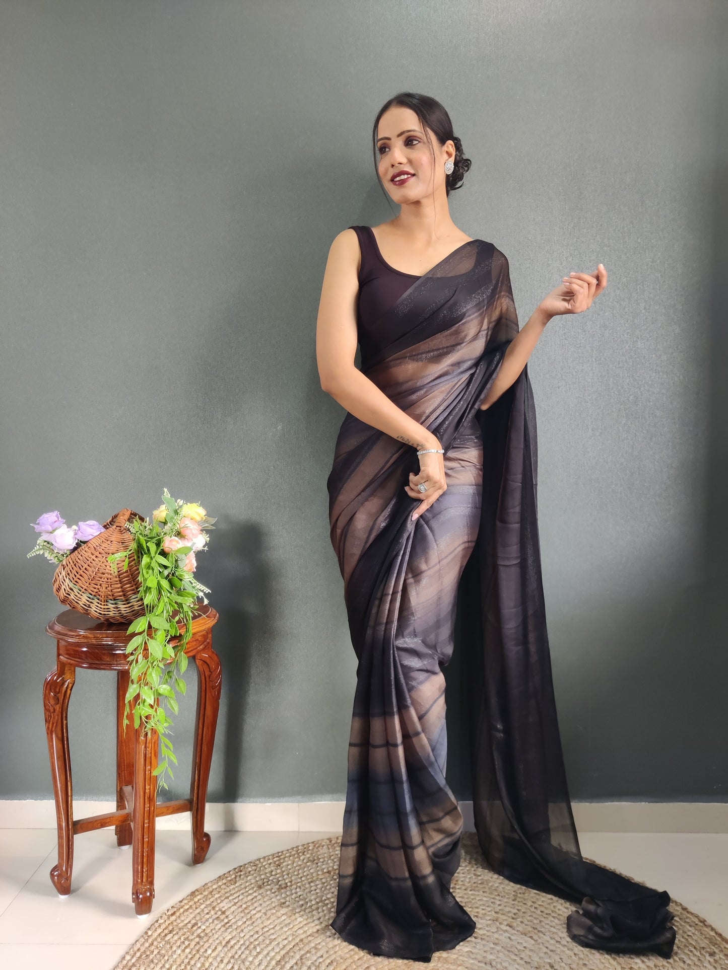 1 MIN Ready To Wear Black Shade Heer Saree