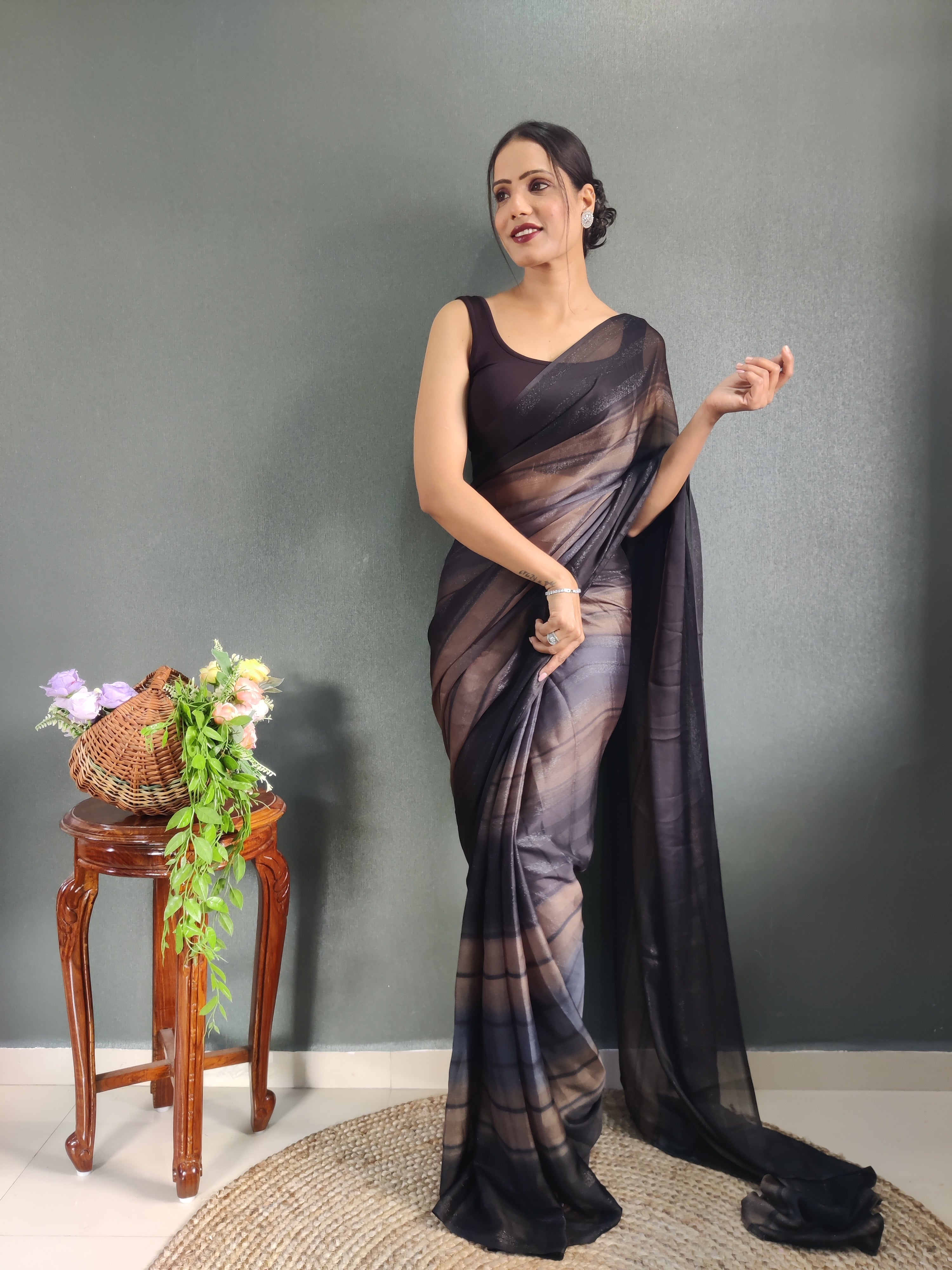 1 MIN Ready To Wear Black Shade Heer Saree