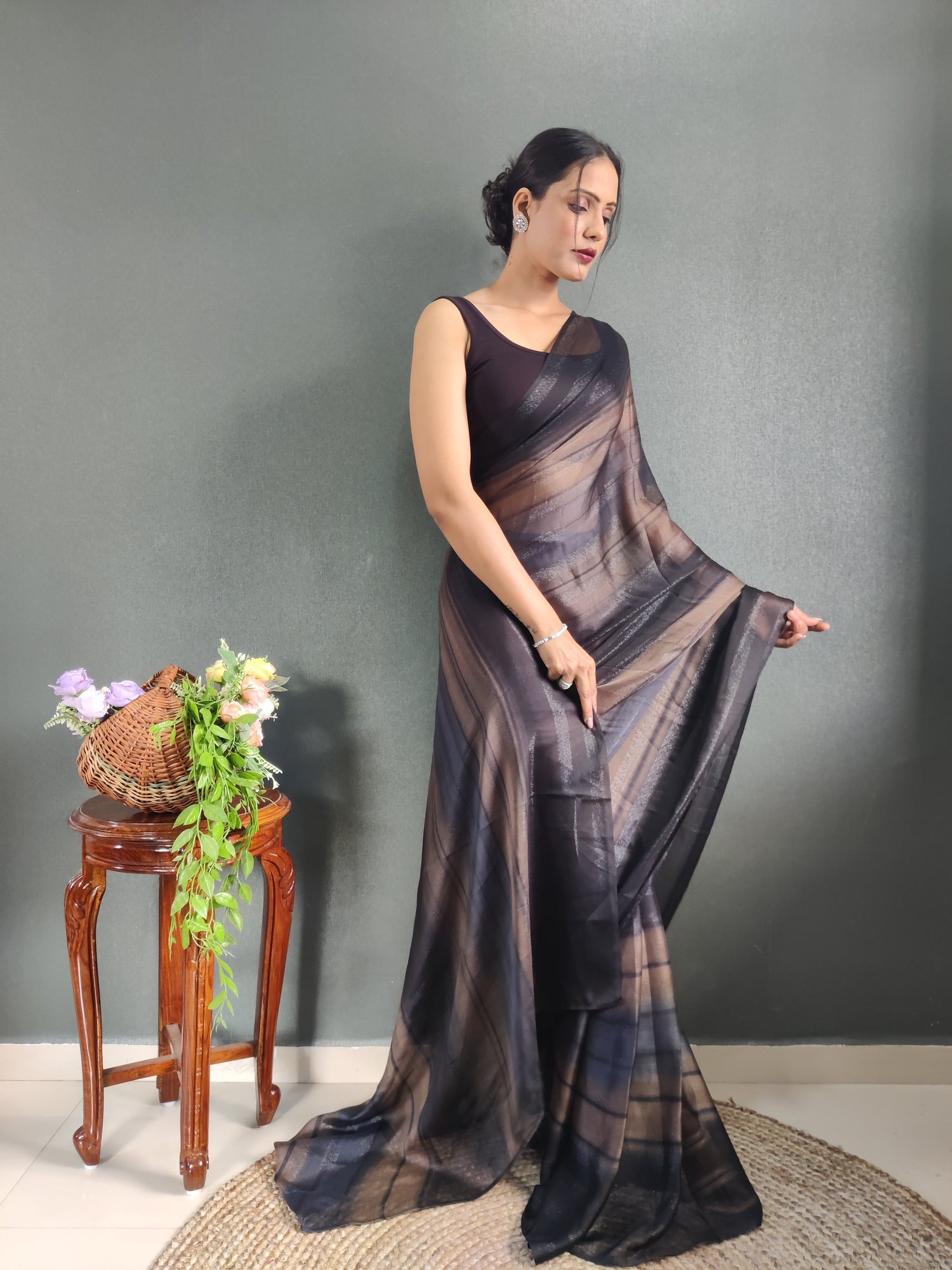 1 MIN Ready To Wear Black Shade Heer Saree