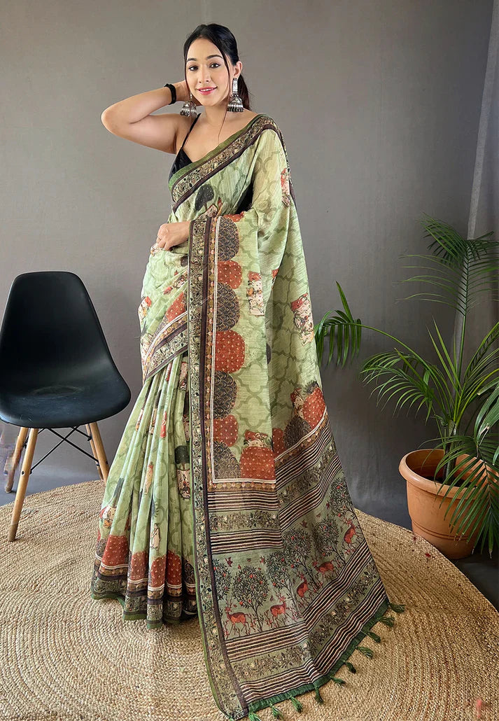 1 MIN Ready To Wear Cotton Kalamkari Printed Saree Pista - Kalpini