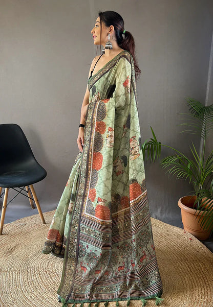 1 MIN Ready To Wear Cotton Kalamkari Printed Saree Pista - Kalpini