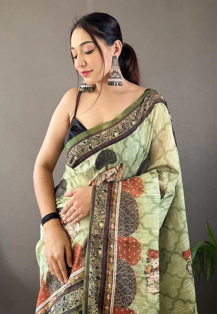 1 MIN Ready To Wear Cotton Kalamkari Printed Saree Pista - Kalpini