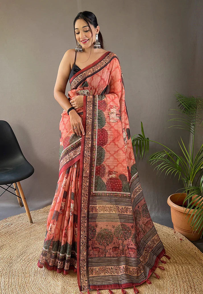 1 MIN Ready To Wear Cotton Kalamkari Printed Saree Slight Orange - Kalpini