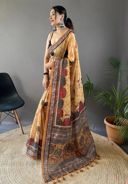 1 MIN Ready To Wear Cotton Kalamkari Printed Saree Yellow - Kalpini