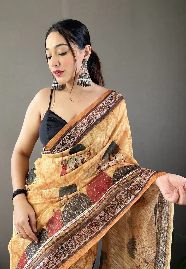 1 MIN Ready To Wear Cotton Kalamkari Printed Saree Yellow - Kalpini