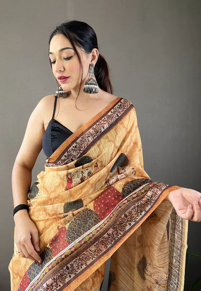 1 MIN Ready To Wear Cotton Kalamkari Printed Saree Yellow - Kalpini