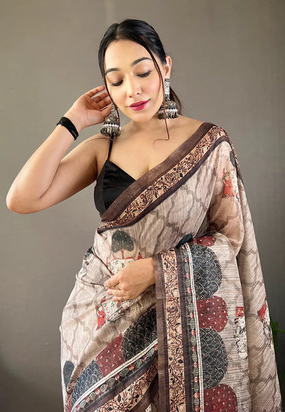 1 MIN Ready To Wear Cotton Kalamkari Printed Saree Grey - Kalpini