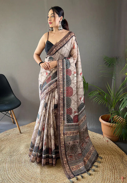 1 MIN Ready To Wear Cotton Kalamkari Printed Saree Grey - Kalpini