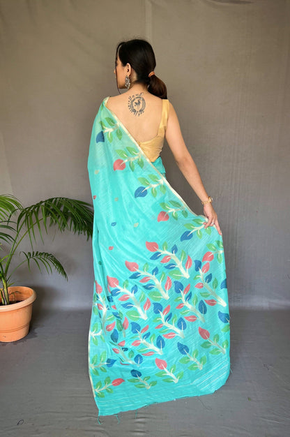 Aqua Blue Shalini Cotton Jamdani Woven Saree