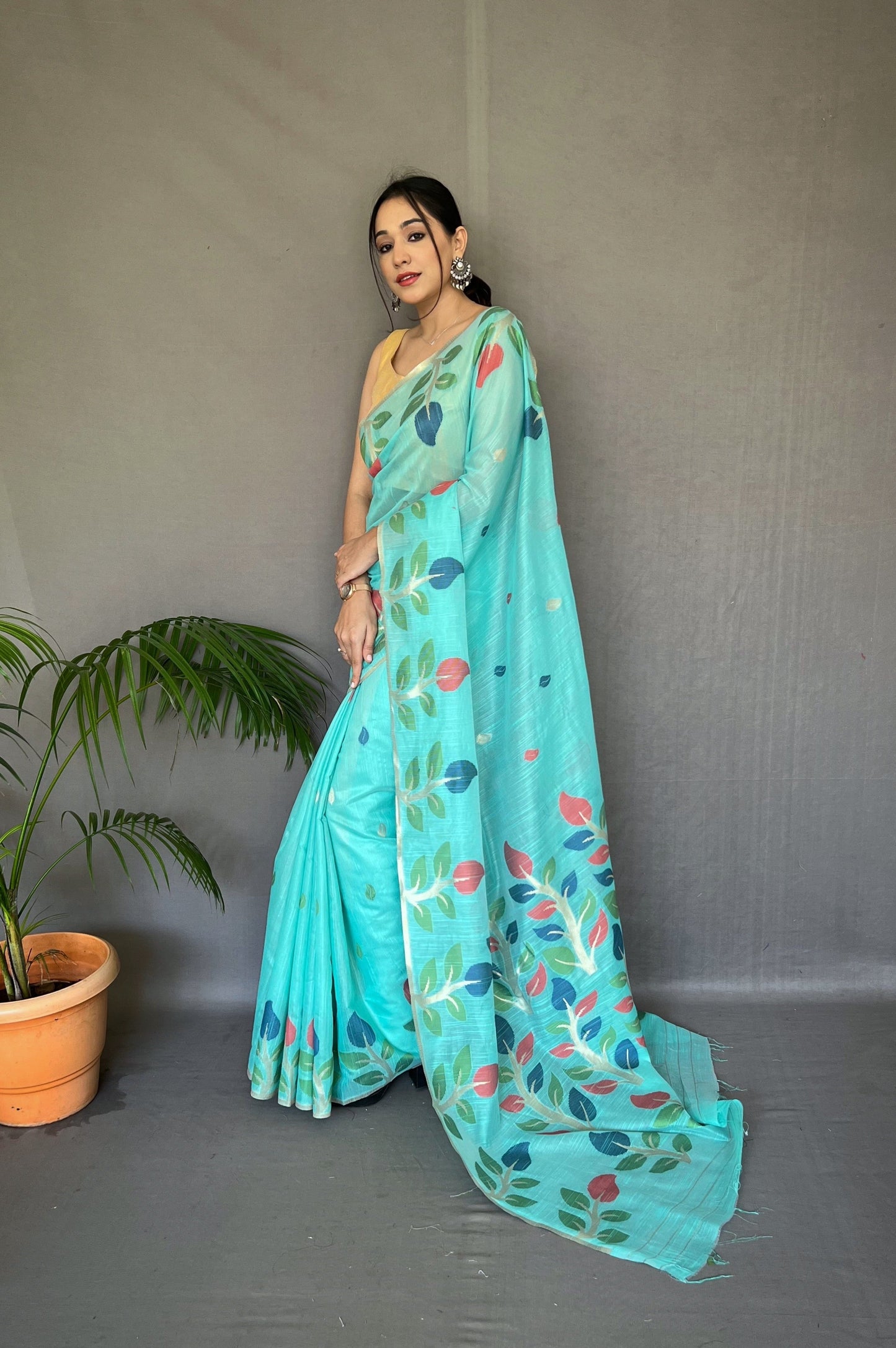 Aqua Blue Shalini Cotton Jamdani Woven Saree