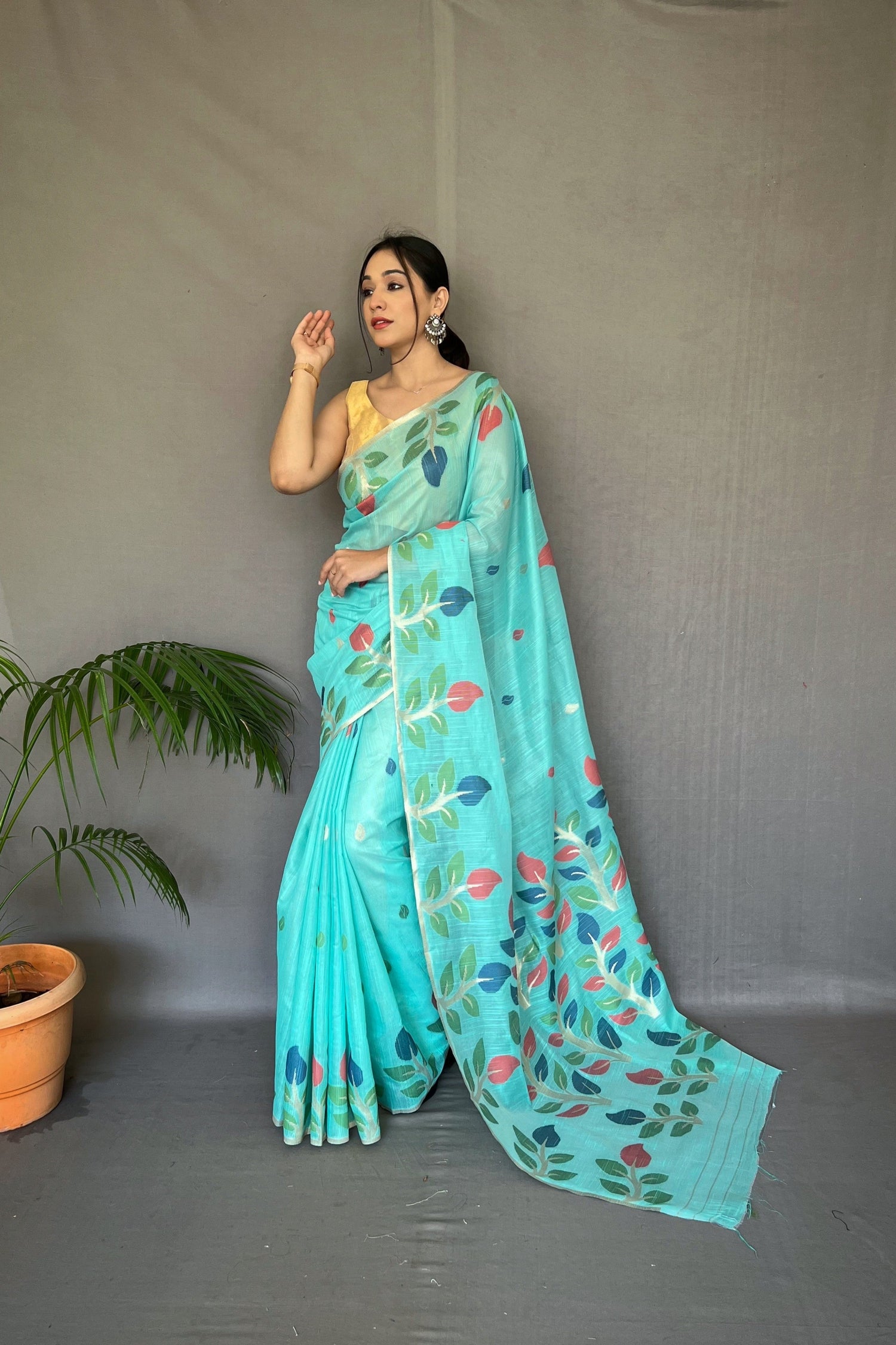 Aqua Blue Shalini Cotton Jamdani Woven Saree