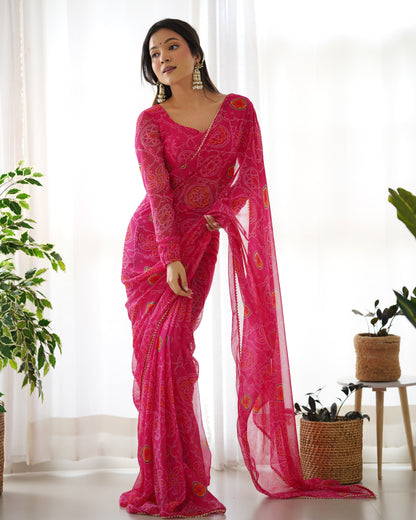 Pink Bandhej Print 1-Minute Ready To Wear Premium Georgette Silk Saree