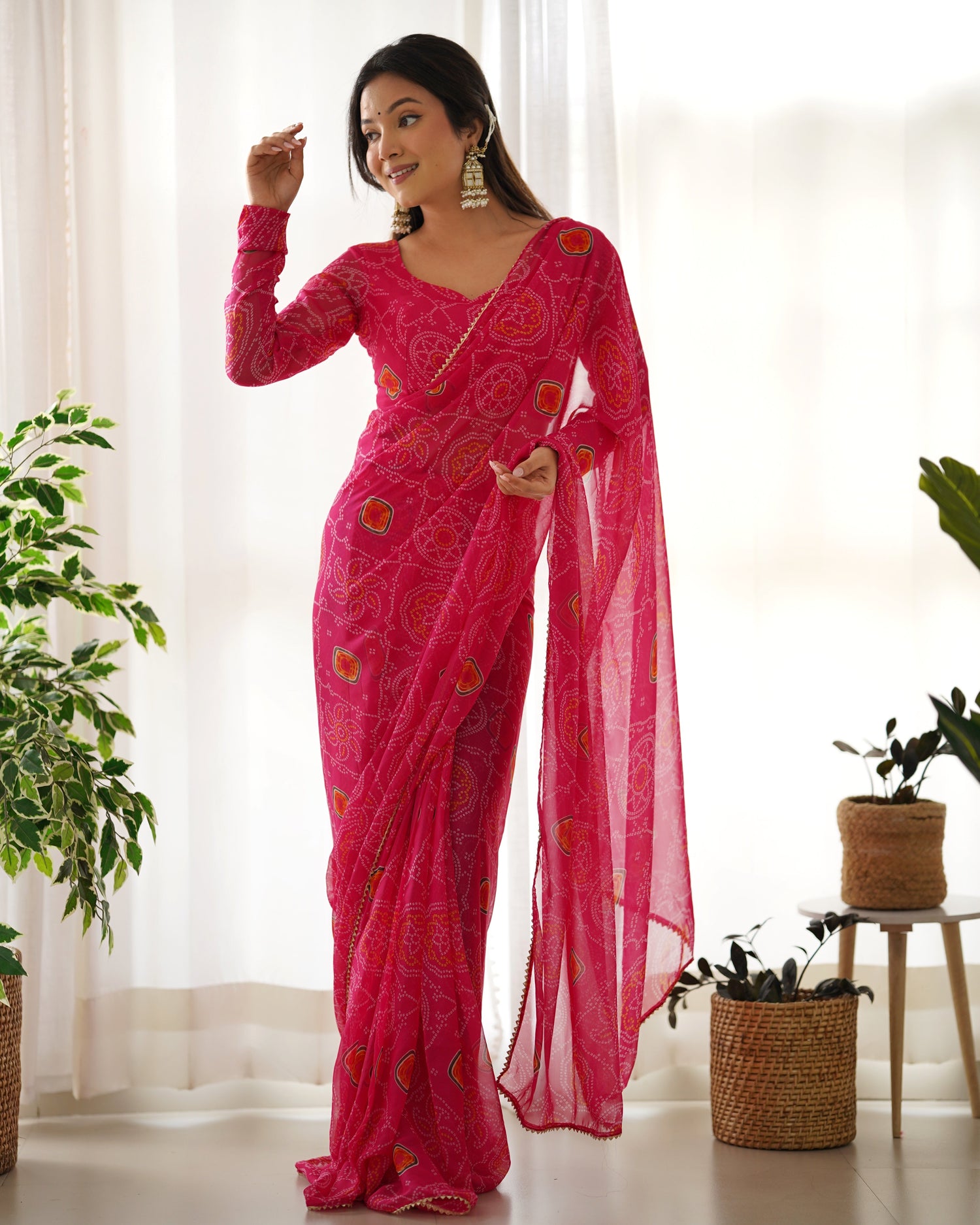 Pink Bandhej Print 1-Minute Ready To Wear Premium Georgette Silk Saree