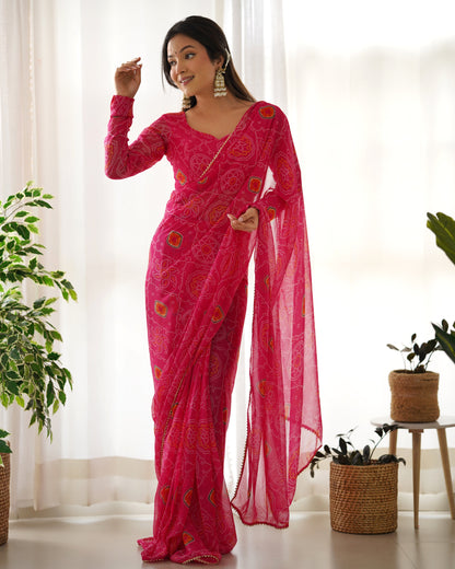 Pink Bandhej Print 1-Minute Ready To Wear Premium Georgette Silk Saree