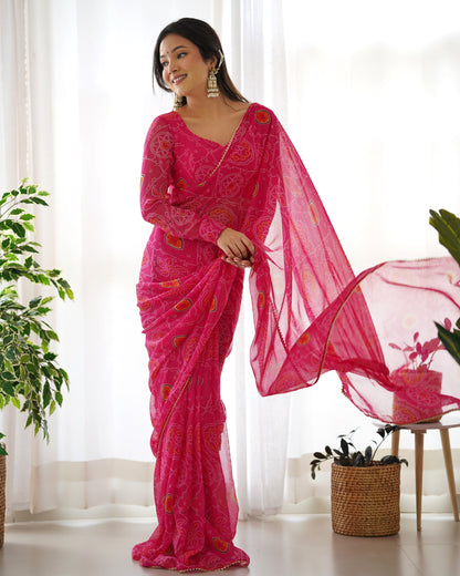 Pink Bandhej Print 1-Minute Ready To Wear Premium Georgette Silk Saree