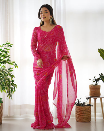 Pink Bandhej Print 1-Minute Ready To Wear Premium Georgette Silk Saree