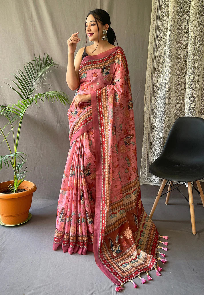 1 MIN Ready To Wear Kadambari Cotton Kalamkari Printed Saree Pink