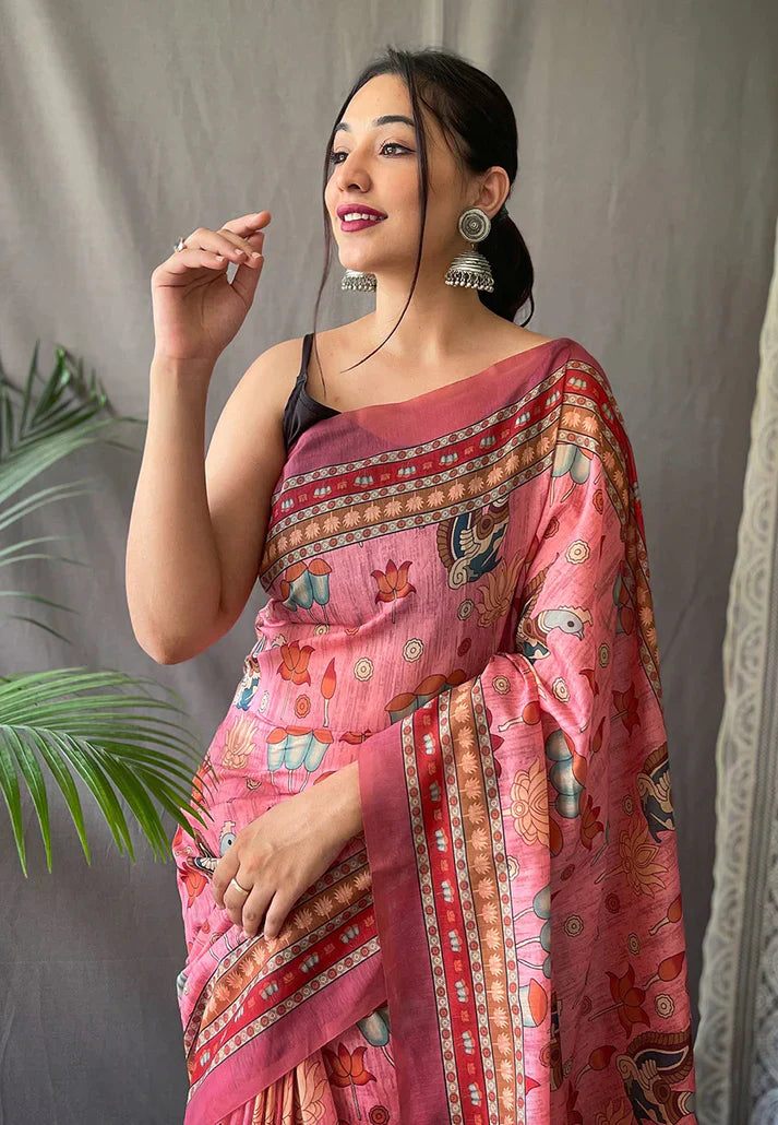 1 MIN Ready To Wear Kadambari Cotton Kalamkari Printed Saree Pink