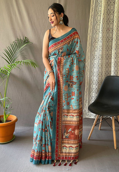 1 MIN Ready To Wear Kadambari Cotton Kalamkari Printed Saree Blue