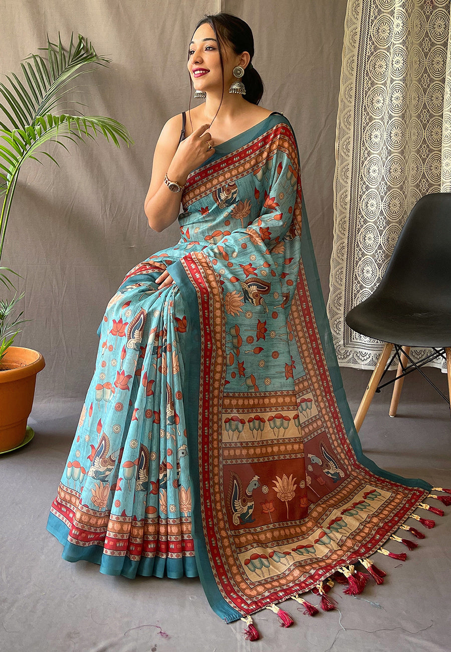 Check Style All Body Line Zari Work outlets Kalamkari Saree With Blouse Piece