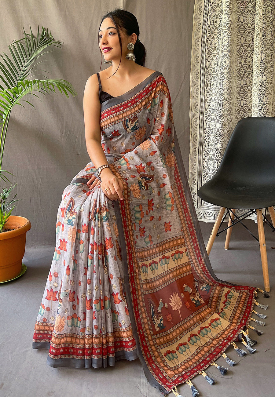 1 MIN Ready To Wear Kadambari Cotton Kalamkari Printed Saree Ash Grey