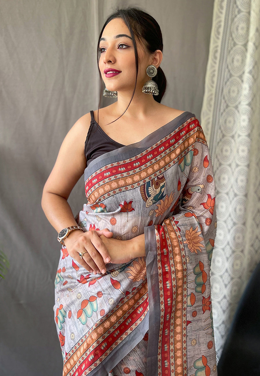 1 MIN Ready To Wear Kadambari Cotton Kalamkari Printed Saree Ash Grey