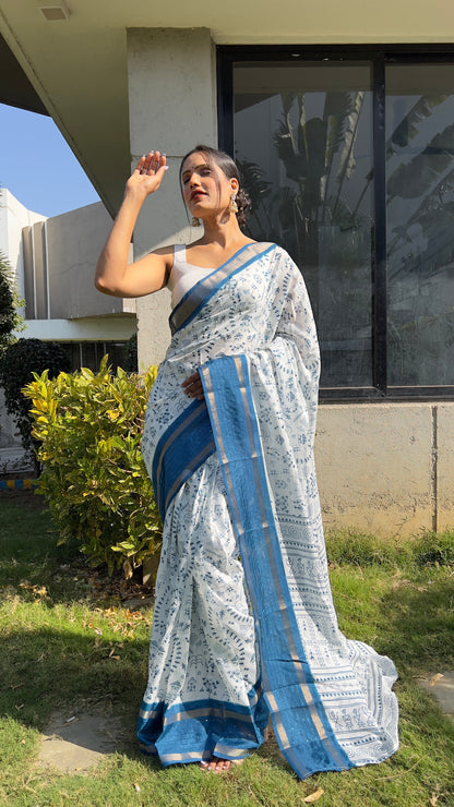 1 MIN Ready To Wear Blue White Kalamkari Saree